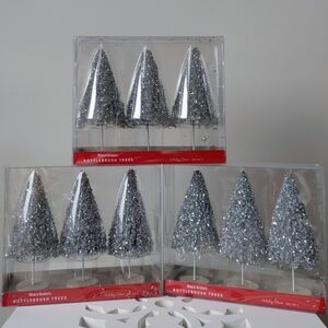 9 silver bottle brush trees approx 6" x 2.5", 3 Sets of 3